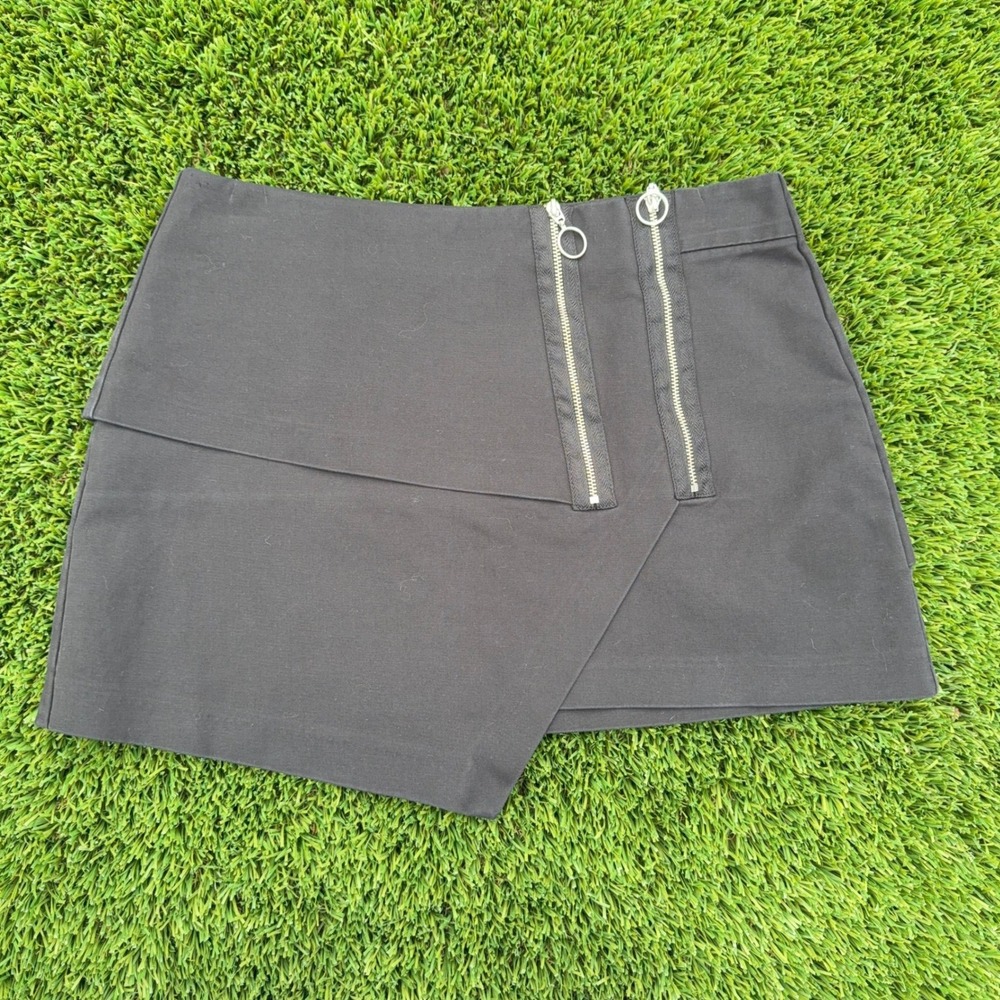 Zara Trafaluc Black Mini Skort Asymmetrical Double‎ Zip O-Ring Size M 28